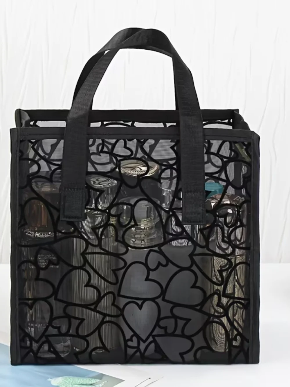 Black Heart Pattern Mesh Tote Organizer Bag -
